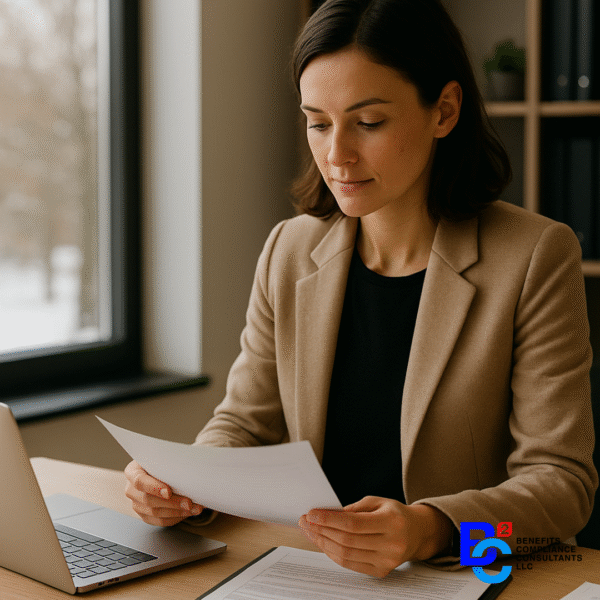 HR professional reviewing year-end Form 5500 and ERISA compliance documents in a modern office during winter.