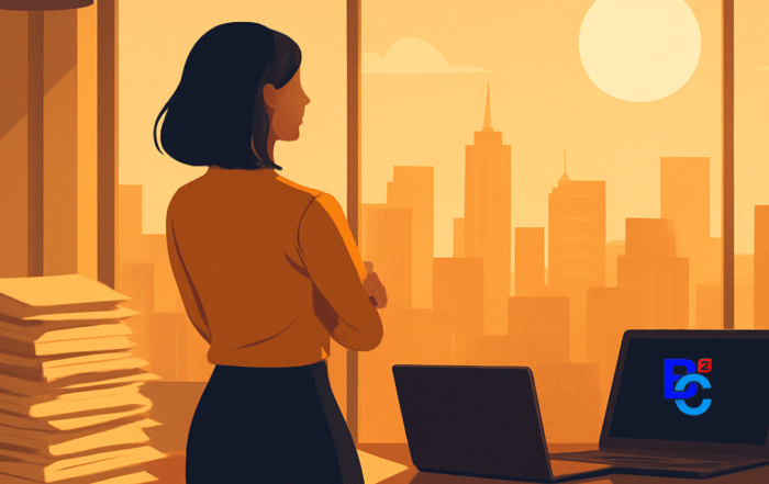 A modern, stylized illustration showing a professional business team in an office preparing documents together, symbolizing proactive compliance planning and coordination before Q3 deadlines.