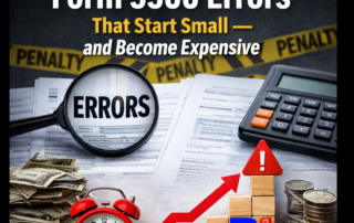 Close-up image illustrating Form 5500 errors leading to financial penalties, featuring compliance documents, calculator, and rising cost indicators