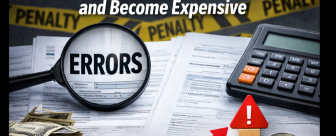 Close-up image illustrating Form 5500 errors leading to financial penalties, featuring compliance documents, calculator, and rising cost indicators