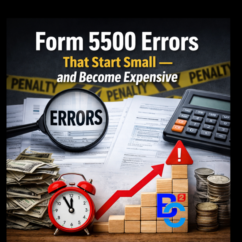 Close-up image illustrating Form 5500 errors leading to financial penalties, featuring compliance documents, calculator, and rising cost indicators
