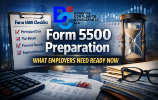 Graphic showing Form 5500 preparation checklist with participant data, plan details, financial records, and required schedules for employers.