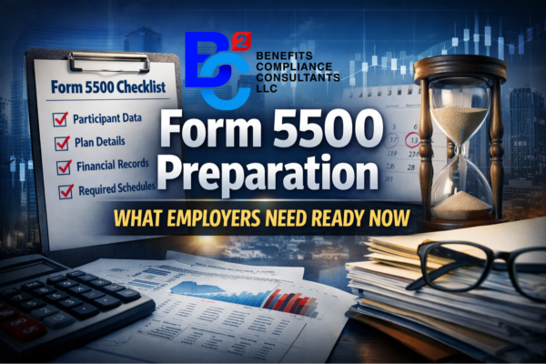 Graphic showing Form 5500 preparation checklist with participant data, plan details, financial records, and required schedules for employers.