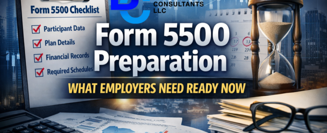 Graphic showing Form 5500 preparation checklist with participant data, plan details, financial records, and required schedules for employers.
