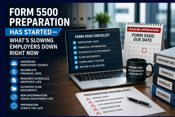 Business workspace showing Form 5500 preparation checklist with common delays including missing data, incomplete schedules, and unverified participant counts