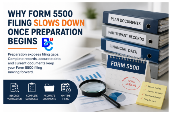 Professional Form 5500 filing preparation graphic showing plan documents, participant records, financial data, and filing deadline review