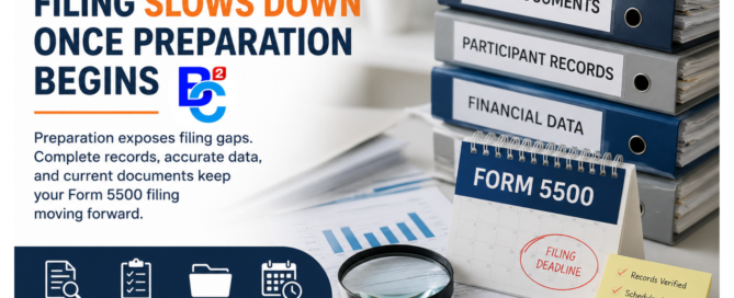 Professional Form 5500 filing preparation graphic showing plan documents, participant records, financial data, and filing deadline review
