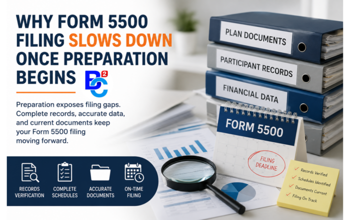Professional Form 5500 filing preparation graphic showing plan documents, participant records, financial data, and filing deadline review