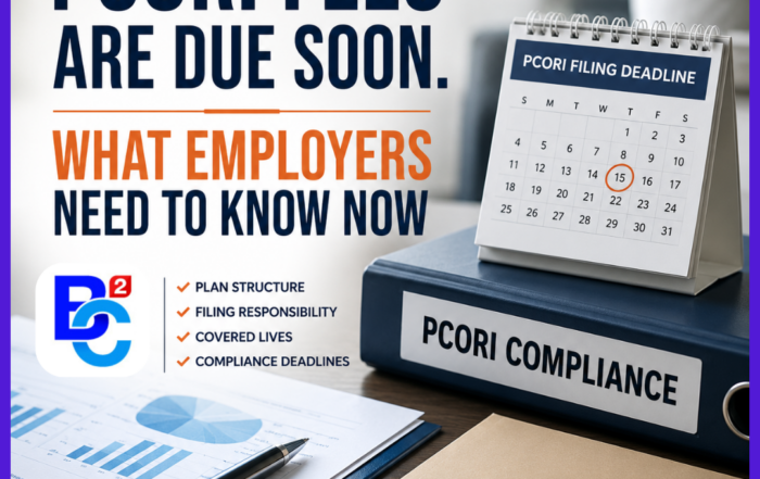PCORI compliance graphic showing employer health plan documents, filing deadline calendar, covered lives reporting, and PCORI fee preparation requirements