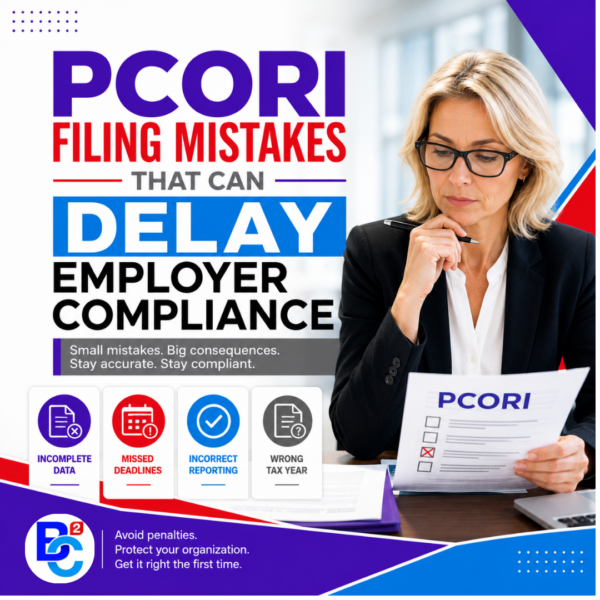 Business professional reviewing PCORI filing documents with reminders about incomplete data, missed deadlines, incorrect reporting, and using the wrong tax year.