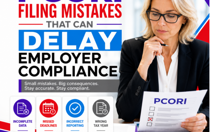 Business professional reviewing PCORI filing documents with reminders about incomplete data, missed deadlines, incorrect reporting, and using the wrong tax year.