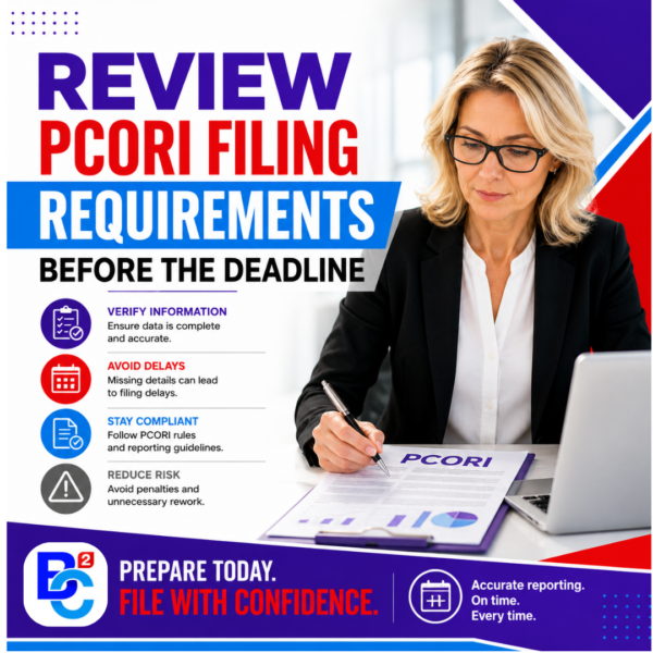 Business professional reviewing PCORI filing documents with reminders to verify information, avoid delays, follow reporting requirements, and file before the deadline.