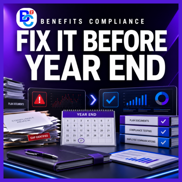 Year-end benefits compliance graphic with plan documents, testing records, a calendar, and corrected compliance checkmarks.