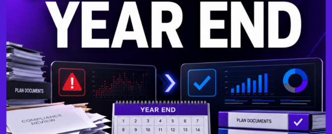 Year-end benefits compliance graphic with plan documents, testing records, a calendar, and corrected compliance checkmarks.