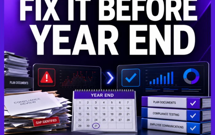 Year-end benefits compliance graphic with plan documents, testing records, a calendar, and corrected compliance checkmarks.