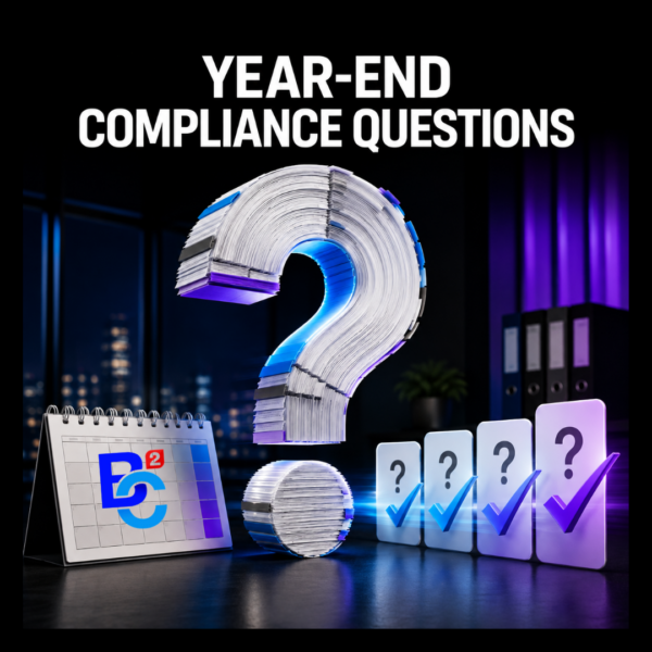 Year-end benefits compliance questions graphic with a document-shaped question mark, calendar, and completed review checkmarks.