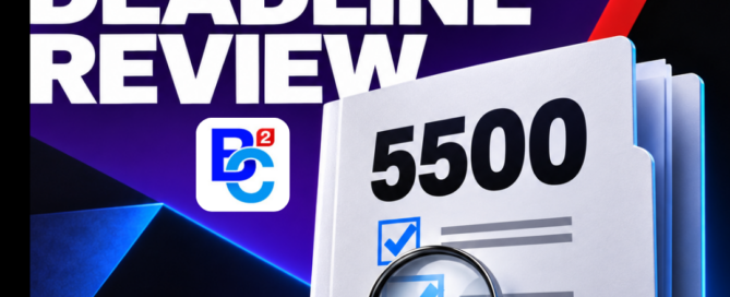 BC² Form 5500 extension deadline review graphic with a magnifying glass over blue checkmarks on a document folder.