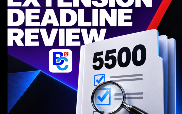 BC² Form 5500 extension deadline review graphic with a magnifying glass over blue checkmarks on a document folder.