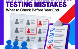 BC² nondiscrimination testing graphic showing employee records flagged in red beside a checklist with blue checkmarks and a warning symbol.