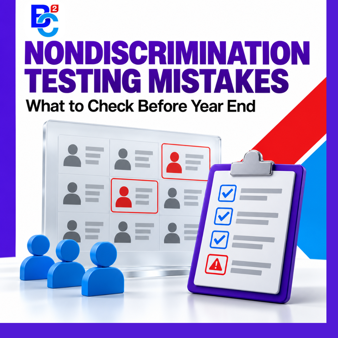 BC² nondiscrimination testing graphic showing employee records flagged in red beside a checklist with blue checkmarks and a warning symbol.